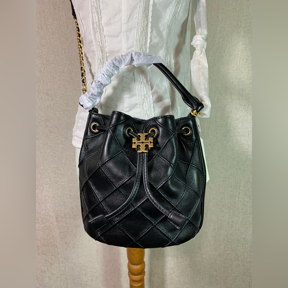 Tory Burch Soft Fleming Small Bucket Bag Black Quilted Leather Crossbody - Picture 16 of 16